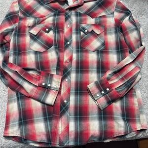 VINTAGE MENS LARGE  Wrangler Red and Black Plaid PButton Pearl Snap Button Shirt